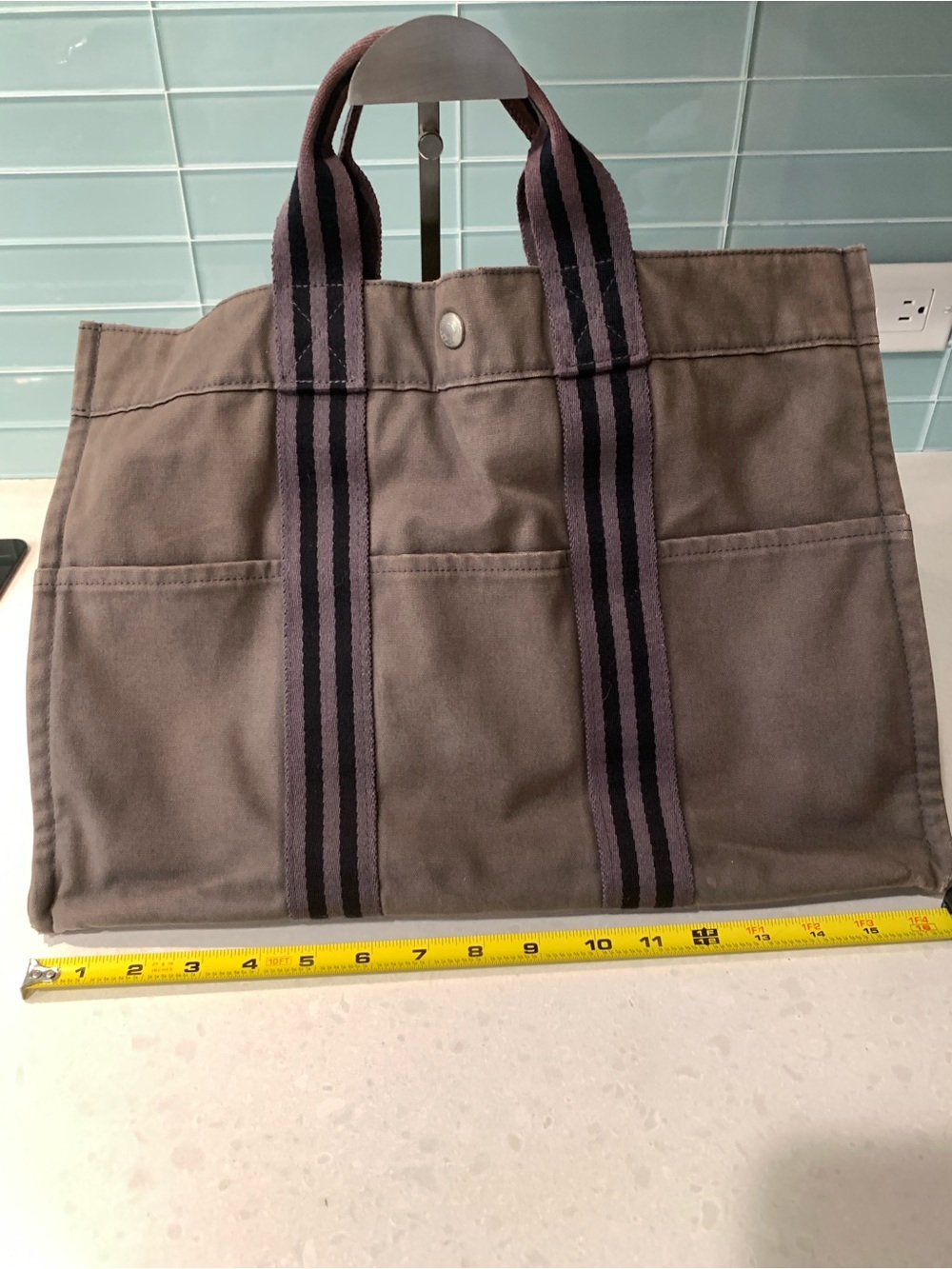 Hermes Fourre Canvas Tote Bag Contrast Straps Gray/Brown Gently Worn ret  $1,500